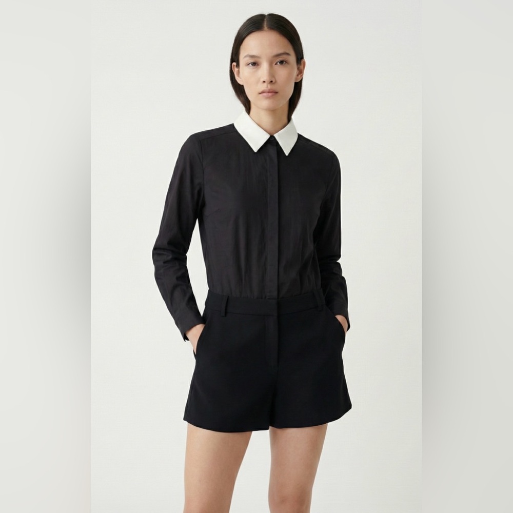 MAJE Black Playsuit Romper White Leather Collar Long Sleeve Dark Academia US 6